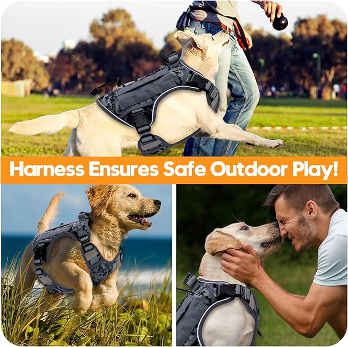 Heavy-Duty Tactical Dog Harness for Large Dogs, No Pull Adjustable Reflective Pet Vest with Molle System, K9 Military-Grade Control for Service Training, Outdoor & 10+ Breeds, Gray Camo, Large-Mewly Pet
