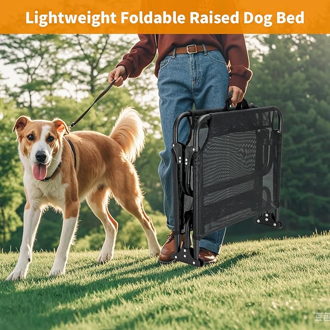 Elevated Dog Bed, Foldable Raised Dogs Bed Outdoor Dog Cots Beds for Large Dogs Cooling Outside Camping Chew-Proof No Assembly Need, Black-Mewly Pet