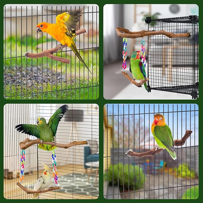 Bird Swing Toys, Standing Bird Perch with Natural Grape Wood, U Shape Hangable Birdcage Accessories, Birds Chewing Toy for Budgerigars, Parakeets, Cockatiels, Conures, Lovebirds, Finches (3Pack)-Mewly Pet