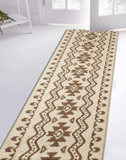 Custom Length Cut to Size Tribal Ethnic Southwestern Inspired Hallway Runner Rug, Non Slip Rubber Backed, 31 inch Wide X Customized Length, Aztec Beige, 31 inch X 6 feet