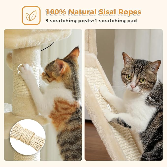 PAWZ Road Cat Tree, 51.6 Inches Cat Tower with Dual Condos, Spacious Perch, Cozy Basket and Sisal-Covered Scratching Posts for Indoor Cats- Beige-Mewly Pet