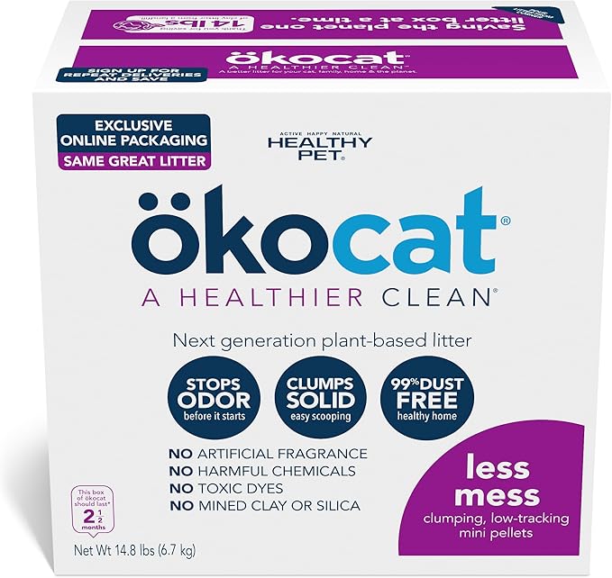 ökocat Less Mess Low Tracking Wood Clumping Cat Litter Mini- Pellets, Unscented, 14.8 pounds - Natural Ingredients, Stops Odor, Clumps Solid, 99% Dust Free, Great for Long-Hair Breeds, All Cats-Mewly Pet