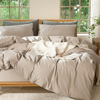 MooMee Bedding Duvet Cover Set 100% Washed Cotton Linen Like Textured Breathable Durable Soft Comfy (Heathered Taupe, Full 80"x90")