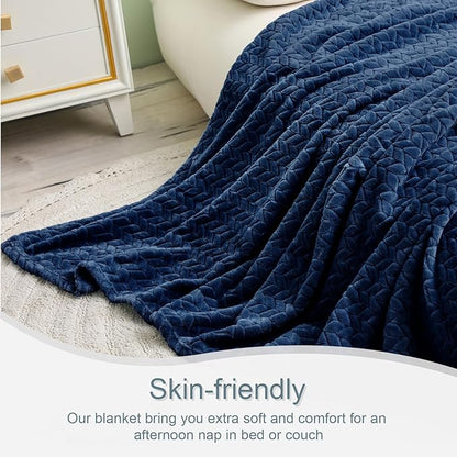 Exclusivo Mezcla Fleece Queen Size Blanket for Bed, 90x90 Inches Soft Cozy Jacquard Flannel Blankets, Lightweight Fuzzy Plush Warm for Winter, Navy Blue