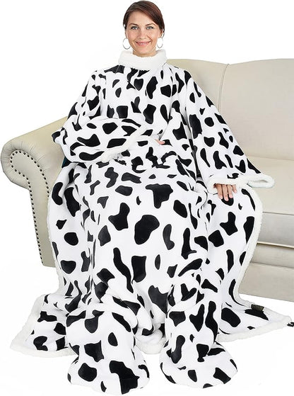 Catalonia Cow Print Sherpa Wearable Blanket with Sleeves & Foot Pockets for Adult Women Men, Comfy Snuggly Wrap Sleeved Throw Blanket Robe, Gift Idea