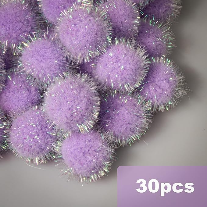 VAPKER 30 Pcs Cat Ball Toys Sparkle Balls Extra Large 2 Inch Cat's Favorite Chase Glitter Ball Glitter Tinsel Pom Poms Balls Purple Color-Mewly Pet