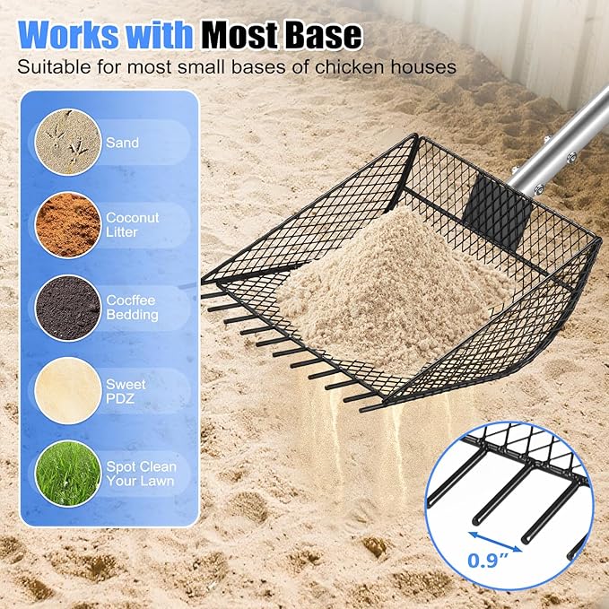 CAROD Chicken Poop Scooper & Rake 2-in-1, Metal Chicken Coop Scoop for Poop with 24 to 68" Adjustable Stainless Steel Handle, Litter Scooper Sand Sifting Shovel Chicken Coops/Animals House-Mewly Pet