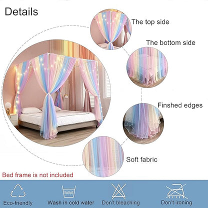 Akiky Canopy Bed Curtains with Lights 4 Corner Post Bed Canopy for Adults Girls, Rainbow Bed Drapes Netting-8 Panel Curtains,Full/Queen