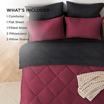 Bedsure Full Size Comforter Set - 7 Pieces Reversible Burgundy and Black Bedding, Full Size Bed Set for All Seasons, Bed in a Bag with Down Alternative Comforter, Sheets, Pillowcases & Shams