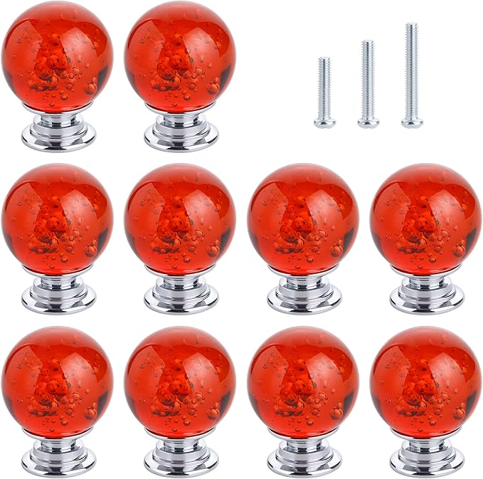 10 PCS Crystal Cabinet Knobs Round Glass Bubbles Dresser Knobs Smooth Drawer Knobs Handle for Home, Cabinet, Drawer and Dresser Hardware with 3 Different Size Screws, 30MM (Red)