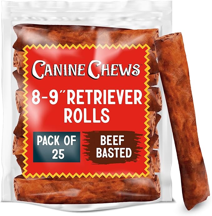 Canine Chews 8-9" Beef Basted Thick Rawhide Retriever Rolls - Pack of 25 Beef-Flavored Long-Lasting Dog Rawhide Chews - Protein-Dense Jumbo Rawhide Bones For Large Dogs - Treats for Aggressive Chewers-Mewly Pet