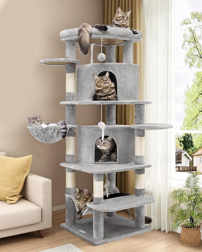 Globlazer Corner Cat Tree for Large Cats, 66inch Tall Curved Series Large Cat Tower for Multiple Indoor Cats with 6 Scratching Posts, 2 Spacious Cat Condos, Hammock, Hanging Basket, C66, Light Grey-Mewly Pet