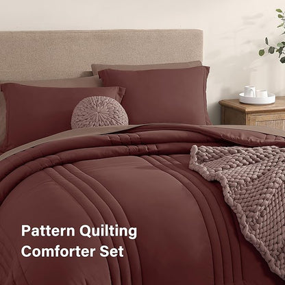 Monbix King Size Comforter Set - 7 Pieces Bed in a Bag King, Dark Red Bedding Sets with Comforter, All Seasons Down Alternative Comforter Bed Set with Sheets, Pillowcases & Shams