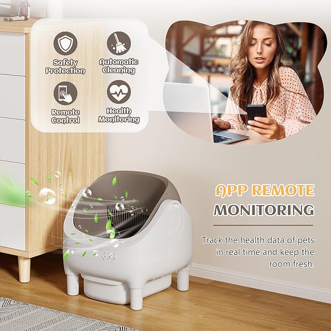 Greesum Automatic Self-Cleaning Litter Box for Cats - Open-Top Design, Easy Odor Control, Smart APP Control, 15L Large Waste Bin, Includes Trash Bags & Mat (Brown)-Mewly Pet