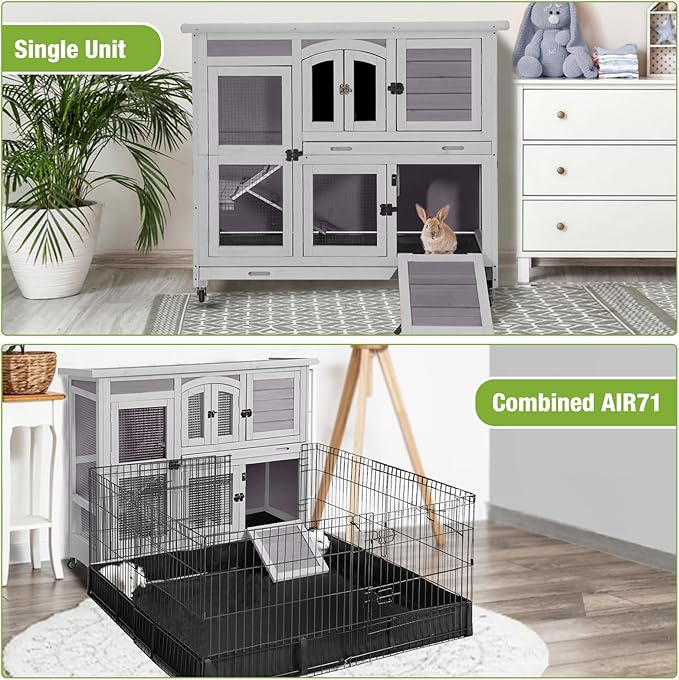 GUTINNEEN Large Rabbit Hutch Indoor with Chew-Proof Ramp, 47" Wooden Bunny Cage Guinea Pig Cages with Casters, Leak-Resistant Trays for Rabbits, Guinea Pigs, Small Animals-Mewly Pet