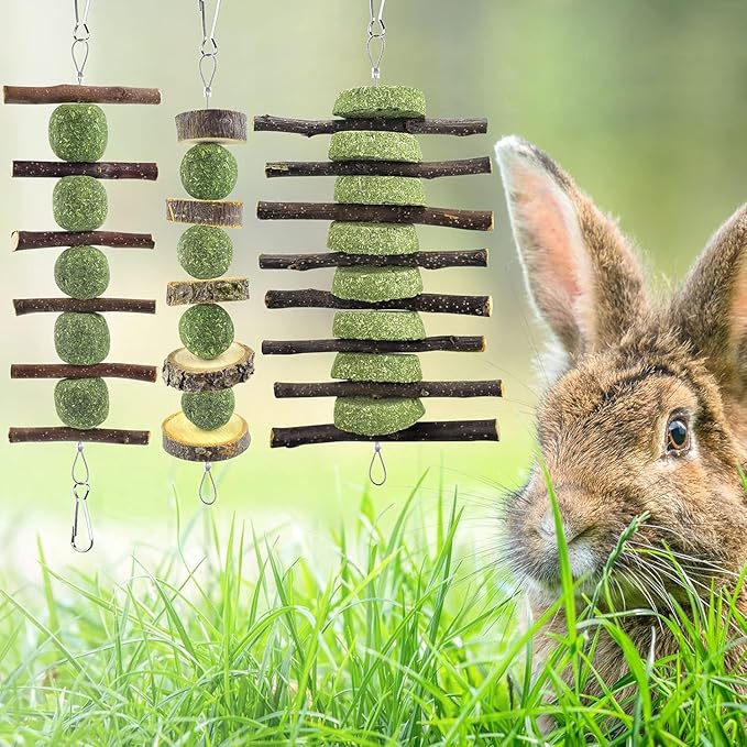ERKOON Bunny Chew Toys, Rabbit Chew Toys for Teeth Grinding, Improve Dental Health, 100% Natural Apple Wood Timothy Grass Cake Treats for Rabbits Guinea Pigs Chinchillas Bunnies Hamsters (7 Pcs)-Mewly Pet