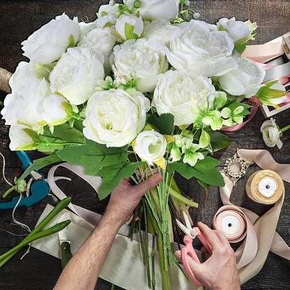 Geosar 8 Bundles Artificial Peonies Flowers Fake Silk Peony Bouquet Faux Peonies Flowers Bulk for Decoration Vase Floral Arrangements Wedding Party Table (White)