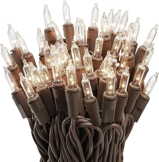 612 Vermont 100 Clear Mini Christmas String Lights on Brown Wire Cord, UL Approved for Indoor/Outdoor Use, 18 Foot of Lighted Length, 20 Foot of Total Length