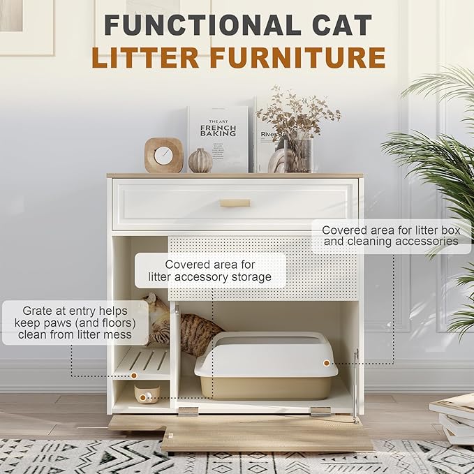Cat Litter Box Enclosure - Indoor Litter Box Furniture Hidden with Drawer and Door - 32"x19"x32"H-Mewly Pet