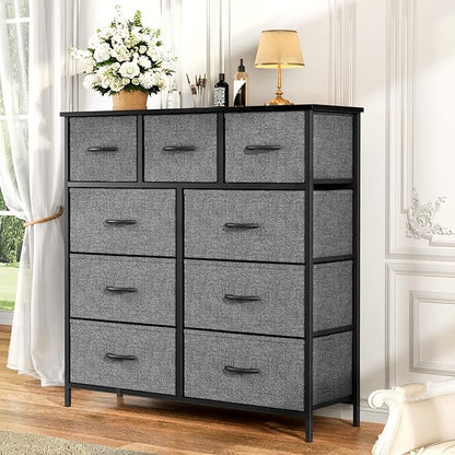 OLIXIS Dresser for Bedroom, 9 Storage Drawers, Wide Fabric Closet Chests Organizer Tower Furniture, TV Stand with Wooden Top Metal Frame for Clothes, Living Room, Hallway, Entryway, Classic Grey