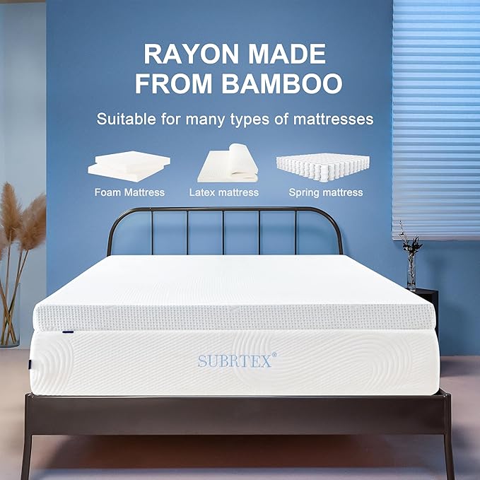 Subrtex 3 Inch Mattress Topper Cover (Only Cover) Mattress Topper Protector Bedding Rayon Made from Bamboo Removable Mattress Encasement with Zippers, King