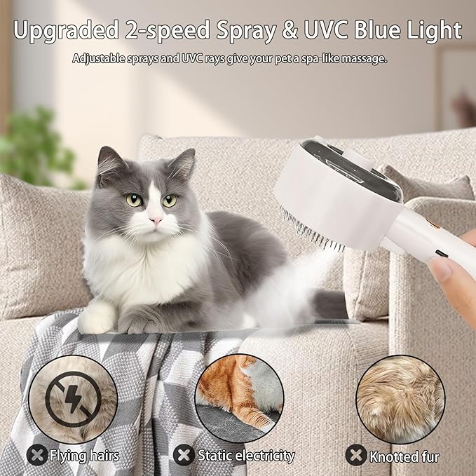 Cat Steam Brush For Shedding, Steamy Dog Grooming Brush With 2-Speed Spray, Blue Light And Release Button, Rechargeable Water Pet Hair Brushes Wet Self Cleaning Cat Spa Brush Cat Comb (White)-Mewly Pet