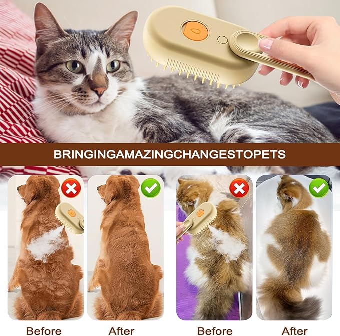 Cat Steam Brush for Shedding, 2025 New 4 in 1 Rechargeable Steam Pet Brushes for Cats & Dogs, Indoor Anti-static Pets Brush for Massage, Cleaning, Shedding & Combing Hair (Beige)-Mewly Pet
