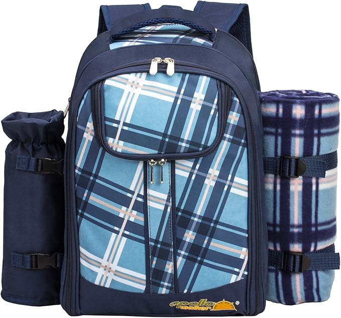 Apollo walker Picnic Backpack Set for 4 with Cooler Compartment,Detachable Bottle/Wine Holder Including Large Picnic Blanket(45"x 53") for Picnic Family and Lovers Gifts,Outdoor,BBQ Time (Blue)-Mewly Pet