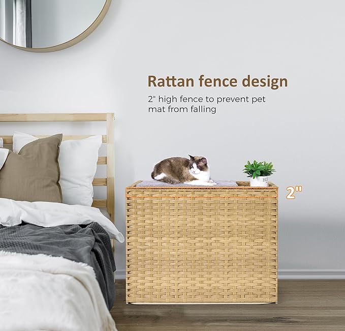 Cat Litter Box Enclosure with Litter Trapping Mat; Handwoven Plastic Rattan Cat House; No Installation Hidden Cat Washroom; Pet Crate for Balcony,Bedroom,Living Room-Mewly Pet