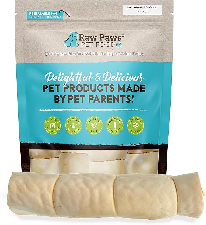 Raw Paws Beef Cheek Rolls for Dogs Large - 10 inch (4 Pack) - Packed in USA - Free-Range, Rawhide Alternative Dog Chews - Retriever Rolls - Beef Cheeks for Dogs-Mewly Pet