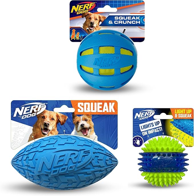 Nerf Dog Toy Gift Set, 3-Piece Set of Outdoor Dog Toys for Fetch, Includes Checker Crunch Ball, Spike LED Squeak Ball and Tire Squeak Football-Mewly Pet