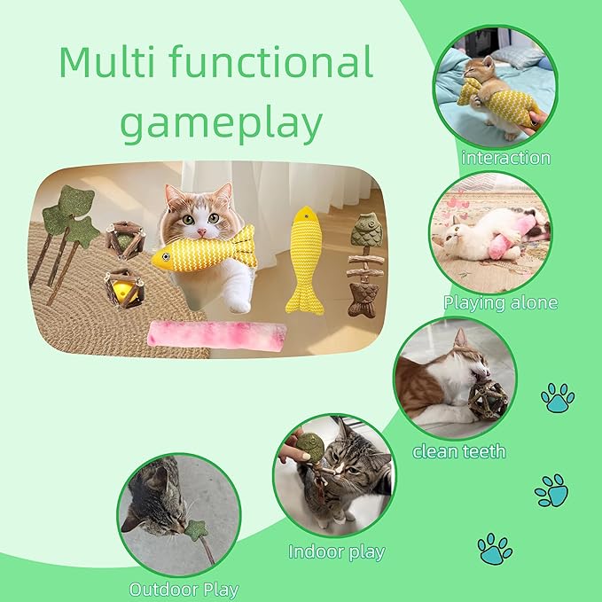 Natural Cat Toys Set with Catnip Fish & Bone,Catnip Plush Toy & Natural Silvervine Stick Cage Balls & cat nip for Cats Lolipop, 8-Piece cat Toys for Indoor Cats Interactive Pet Toys-Mewly Pet