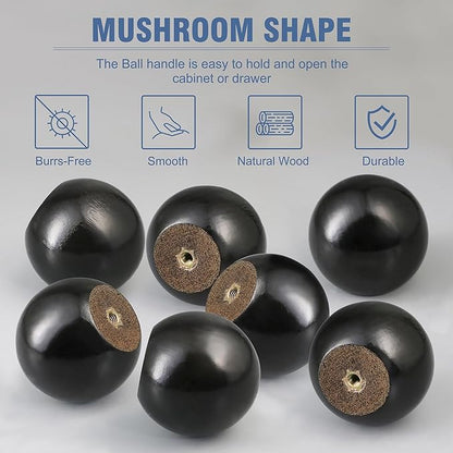 FoDau770 15pcs Black Wood Knobs, Round Ball Cabinet Knobs Vintage Drawer Pulls, Natural Wooden Cabinet Hardware for Furniture Drawer Dresser Wardrobe Cupboard - 1-1/2" Diameter