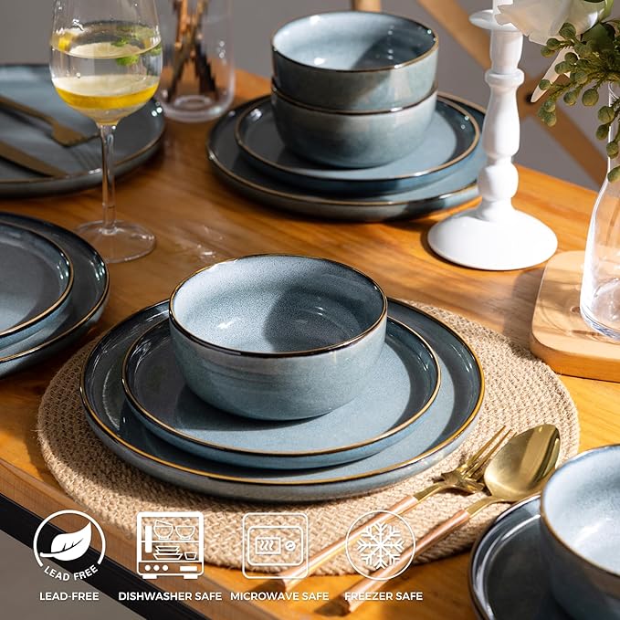 GBHOME Ceramic Dinnerware Sets for 4, 12 Pieces Stoneware Plates and Bowls Sets, Reactive Glaze Dishes -Scratch Resistant, Dishwasher&Microwave Safe, Space Blue-Mewly Pet