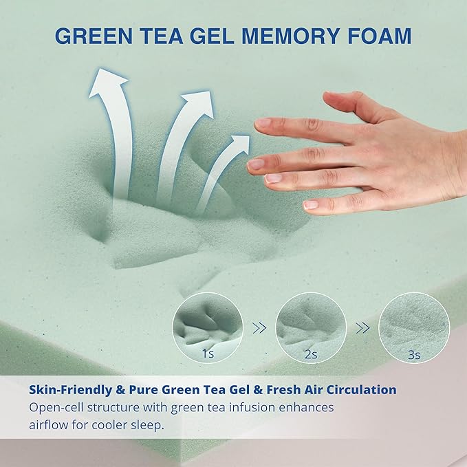 10 Inch King Green Tea Memory Foam Mattress for Cool Sleep & Pressure Relief, Bed in a Box, Removable Cover No Fiberglass, CertiPUR-US Certified