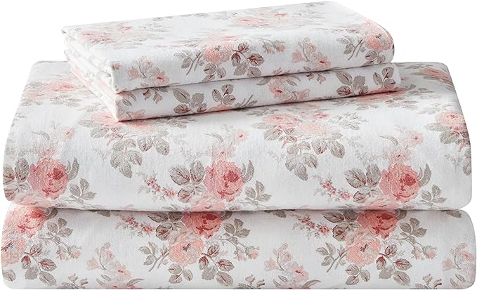 Laura Ashley - Flannel Sheets Twin Size, Anti-Pilling & Wrinkle Resistant Cotton, Touchably Soft for All-Season Comfort - Bed Sheets with Matching Pillowcase & Fitted Sheet (Lisalee Pink)