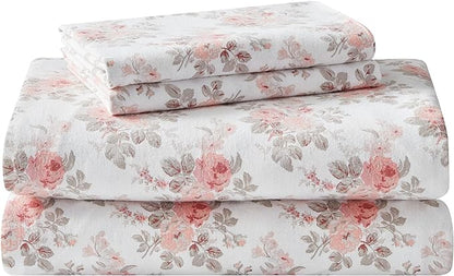 Laura Ashley - Flannel Sheets Twin Size, Anti-Pilling & Wrinkle Resistant Cotton, Touchably Soft for All-Season Comfort - Bed Sheets with Matching Pillowcase & Fitted Sheet (Lisalee Pink)