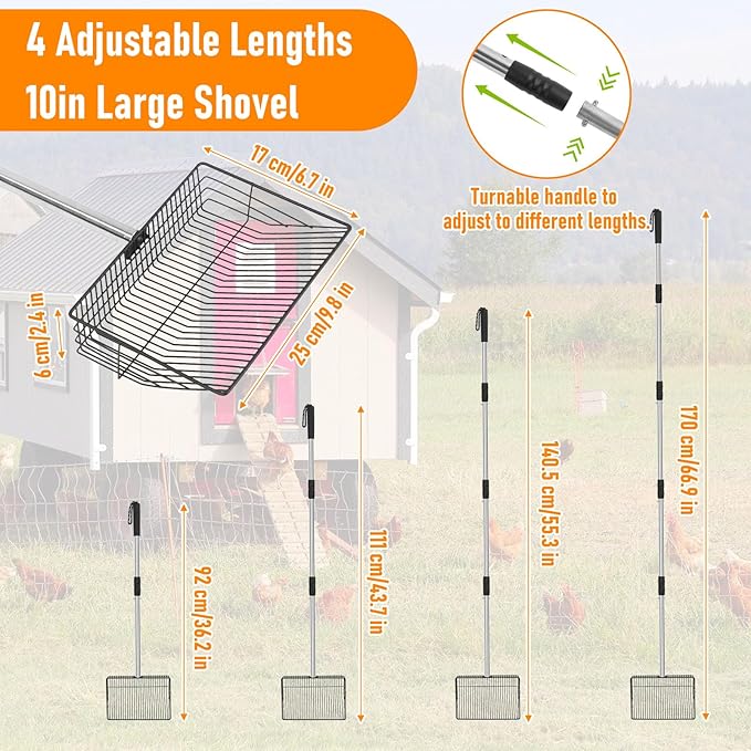 Chicken Coop Pooper Scooper, 36" to 67" Stainless Steel Long Handle Cat Litter Scoop, 5 Segment Extendable Dog Poop Scooper Long Handle, Pet Pooper Scooper for Chicken Dog Cat Manure Rabbit Manure-Mewly Pet