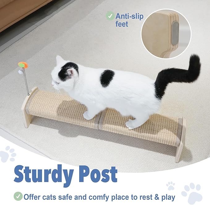 Cat Scratching Post, 30" Horizontal Sisal Scratch Post for Indoor Cats, Durable Cat Furniture Protector with Spring Toy-Mewly Pet