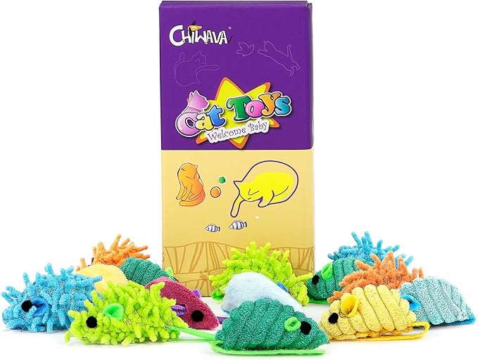 CHIWAVA 27PCS 2" Striped Shaggy Cat Toy Mice with Rattle Assorted Small Mouse Interactive Play for Indoor Cats Mix Color-Mewly Pet