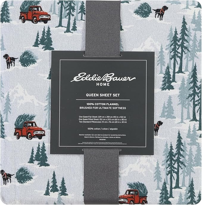 Eddie Bauer - Queen Sheets, Cotton Flannel Bedding Set, Brushed For Extra Softness, Cozy Home Decor (Tree Farm, Queen)