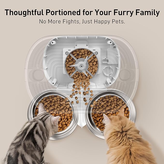 VOLUAS Automatic Cat Feeders for Two Cats,Stainless Steel 5L Pet Feeder for Cats and Dogs Timed Cat Feeder Pet Dry Food Dispenser, White-Mewly Pet