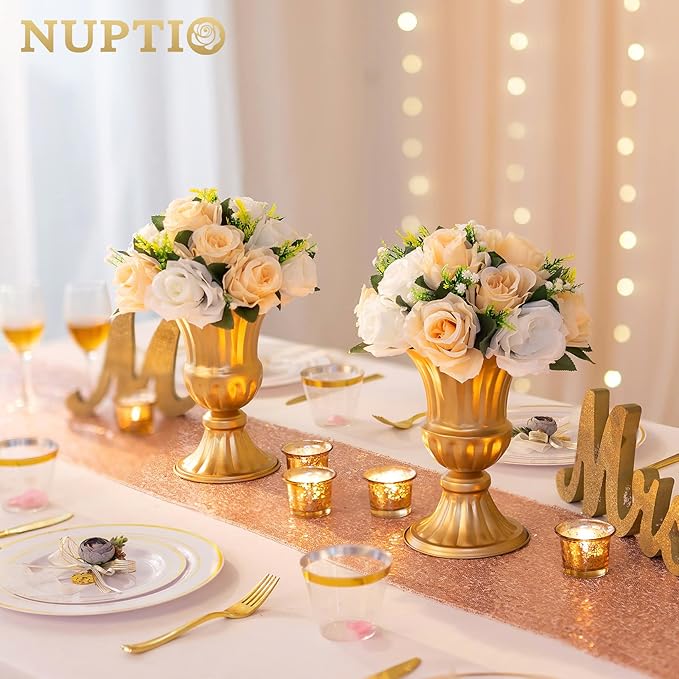 Pcs of 10 Fake Flower Ball Arrangement Bouquet,15 Heads Plastic Roses with Base, Suitable for Our Store's Wedding Centerpiece Flower Rack for Parties Valentine's Day Home Décor (Champagne & White)