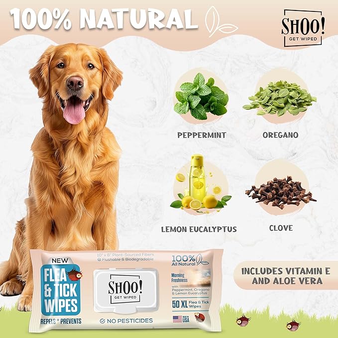 Shoo! Flea & Tick Wipes for Dogs | Convenient, Easy On-The-Go Protection | Plant Based, Natural Oils, Chemical Free | Repels & Prevents | 50 XL Wipes | (Morning Freshness)-Mewly Pet