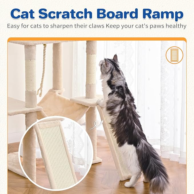 Cat Tree Tower 63in Multi-Level Cat Tower for Indoor Cats with Sisal Scratching Posts, Condo, Hammock, Dangling Ball and Extended Platform for Cats to Play, Beige-Mewly Pet