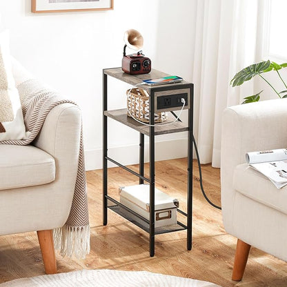 HOOBRO Small Narrow Side Table with Charging Station, Skinny End Table for Small Spaces, Slim Nightstand with USB Ports Outlet, Sofa Beside Table with Storage Shelf, Greige and Black BG102UBZ01
