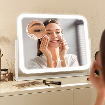 FENNIO Vanity Mirror with Lights 17''x13'' Makeup Mirror with Lights,Vanity Mirror Touch Screen with 3-Color Lighting,Dimmable,for Vanity Desk Tabletop White