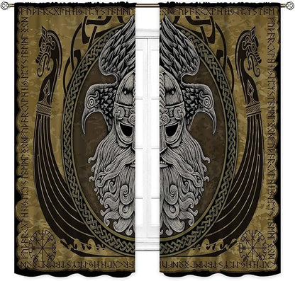 Norse Viking Curtains, Nordic Warriors Sword Celtic Rune Scandinavian Aesthetic Nation Valknut Mythology Window Drapery for Bedroom Living Room Bathroom 2 Panels, 52"x84" Inch