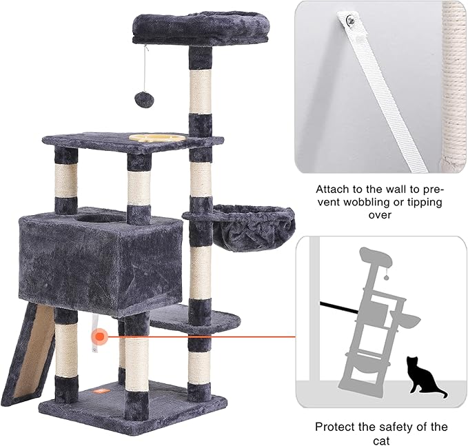 Heybly Cat Tree, Cat Tower for Indoor Cats with Scratching Board, Multi-Level Cat Furniture Condo with Feeding Bowl, Smoky Gray HCT010G-Mewly Pet