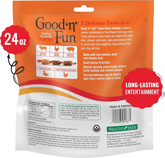 Good ‘n’ Fun Triple Flavor Kabobs Chews for All Dogs, 24 Ounces, Treat Your Dog to Chews Made from Beef Hide, Real Chicken, Pork Hide, Duck and Chicken Liver-Mewly Pet